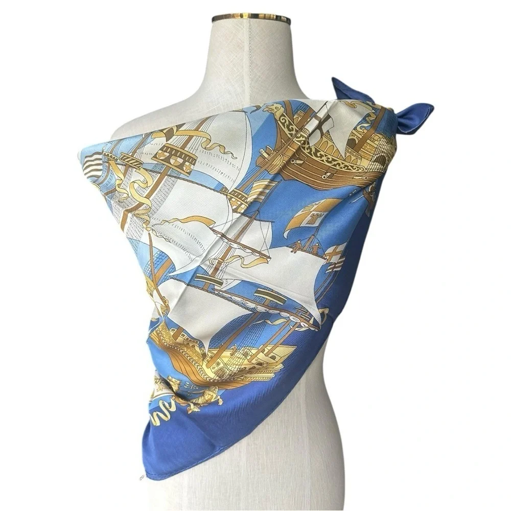 Hermès “Armada” Carre 90 Classic Blue & Gold Ships Nautical Silk Scarf w/Box